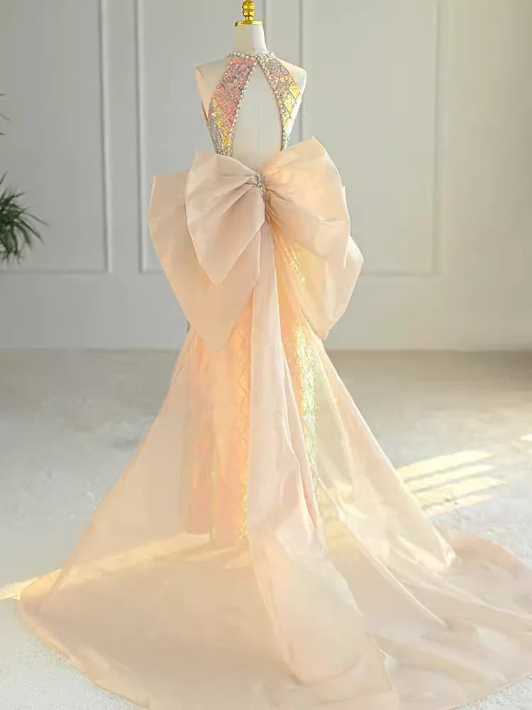 Sparkle A line Scoop Neckline Sequin Gold Long Prom Dress With Bow