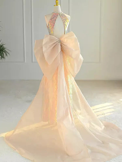 Sparkle A line Scoop Neckline Sequin Gold Long Prom Dress With Bow