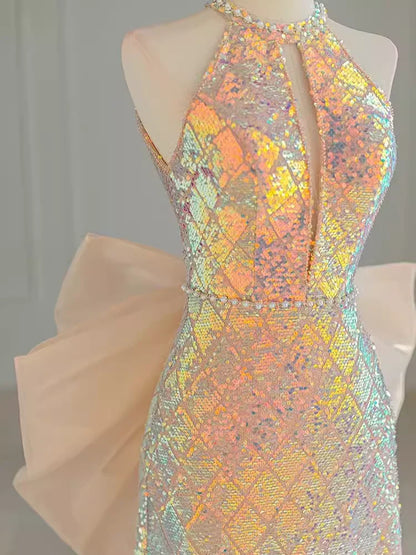 Sparkle A line Scoop Neckline Sequin Gold Long Prom Dress With Bow