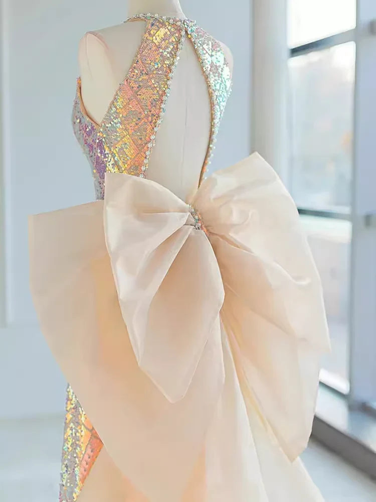 Sparkle A line Scoop Neckline Sequin Gold Long Prom Dress With Bow