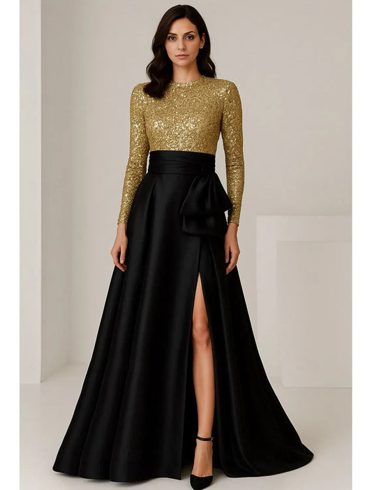 Sparkle Ball Gown Long Sleeve Crew Neck Sequins Bow Floor-Length Evening Dress