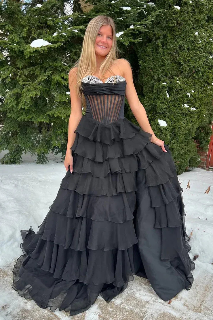 Sparkle Beaded Sweetheart Sleeveless Empire A-Line Chiffon Tiered Long Prom Dress