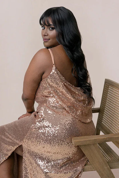 Sparkle Fitted Cowl Neck Sleeveless Sequin Floor-Length Plus Size Prom Dress