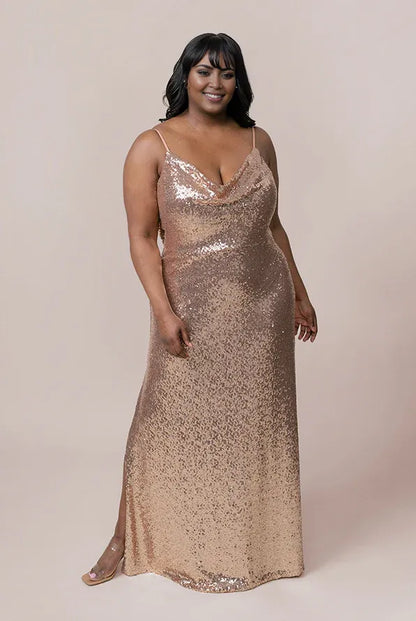 Sparkle Fitted Cowl Neck Sleeveless Sequin Floor-Length Plus Size Prom Dress