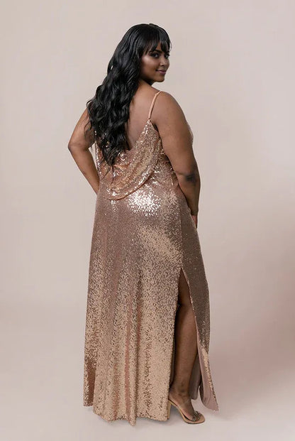 Sparkle Fitted Cowl Neck Sleeveless Sequin Floor-Length Plus Size Prom Dress