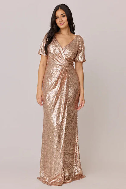 Sparkle Fitted V Neck Short Sleeve Sequin Floor-Length Prom Dress