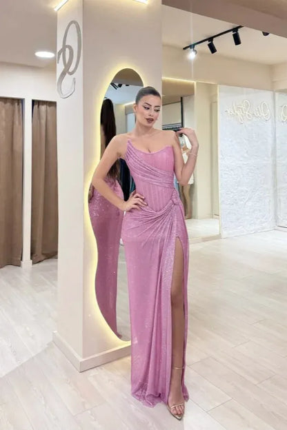 Sparkle Off-The-Shoulder Sleeveless Mermaid Split Sequined Floor-Length Evening Dress