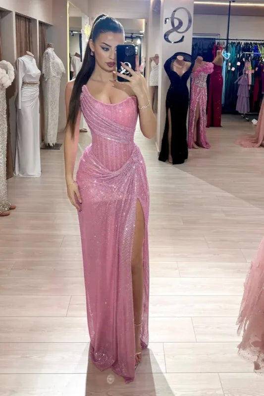 Sparkle Off-The-Shoulder Sleeveless Mermaid Split Sequined Floor-Length Evening Dress