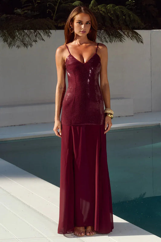 Sparkle Sheath/Column Deep V Neck Sleeveless Sequins Backless Floor-Length Prom Dress