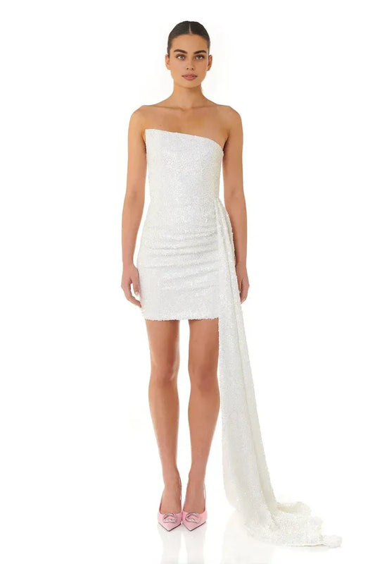 Sparkle Sheath/Column Off the Shoulder Sleeveless Sequins Short-Mini Wedding Dress