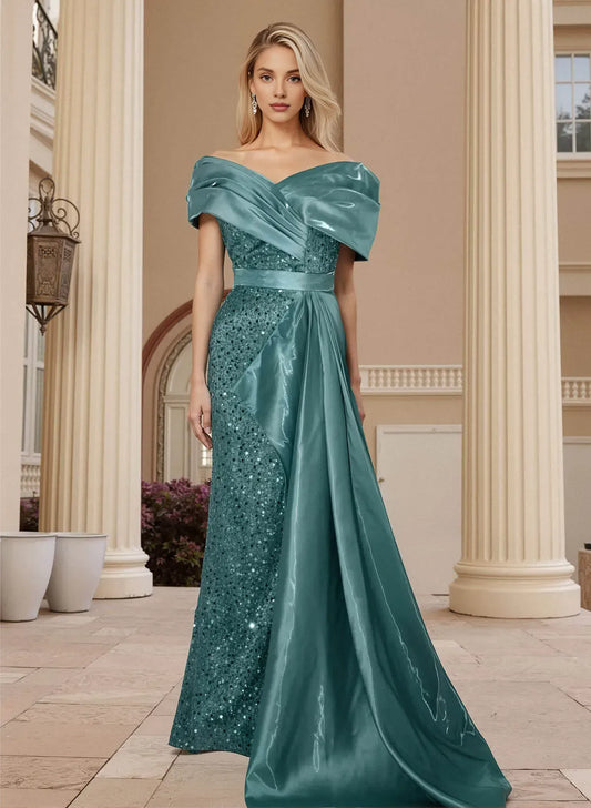 Sparkle Sheath Off the Shoulder Sleeveless Split Satin Sweep Train Prom Dress