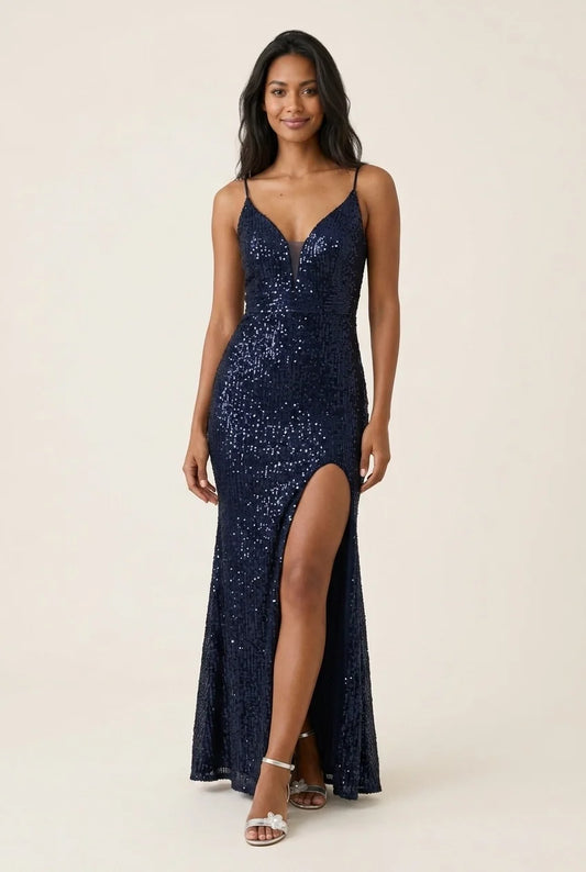 Sparkling Mermaid Spaghetti-Strap Beaded Slit Sequins Navy Blue Floor-Length Prom Dress