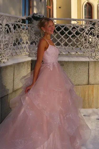 Sparkly Lace Up Back Ruffled Tulle Ball Gown Prom Dress