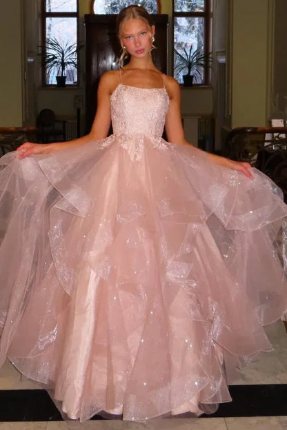Sparkly Lace Up Back Ruffled Tulle Ball Gown Prom Dress