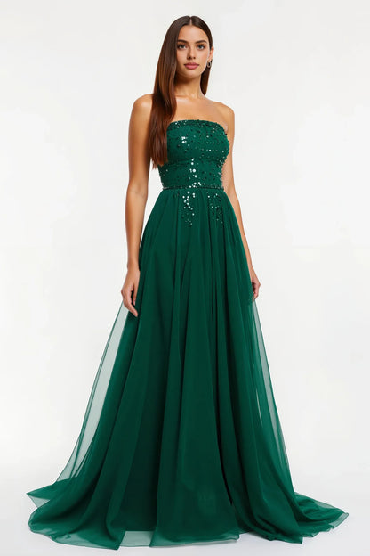 Sparkly A-Line Strapless Sleeveless Tulle Sweep/Brush Train Prom Dress