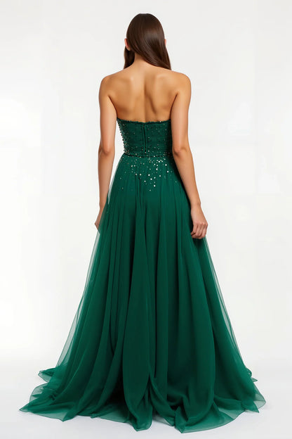 Sparkly A-Line Strapless Sleeveless Tulle Sweep/Brush Train Prom Dress