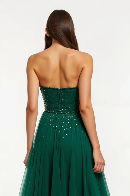 Sparkly A-Line Strapless Sleeveless Tulle Sweep/Brush Train Prom Dress