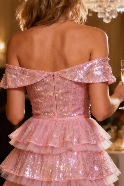Sparkly A Line Off the Shoulder Sleeveless Sequins Tiered Short-Mini Cocktail Dress
