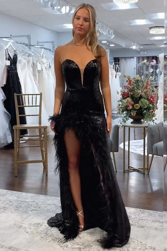 Sparkly Black Mermaid Strapless Long Prom Dress With Feather