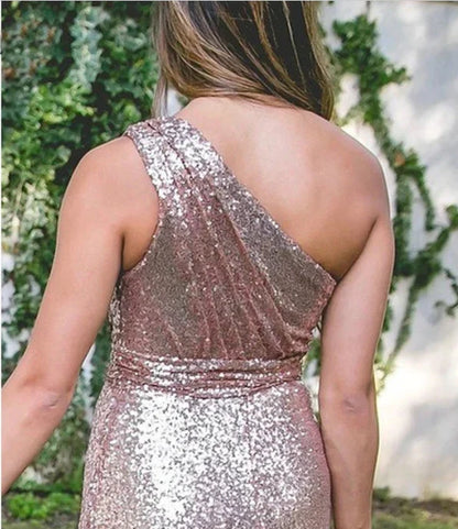 Sparkly Floor Length One shoulder Long Sequins Bridesmaid Dresses