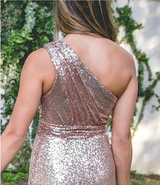 Sparkly Floor Length One shoulder Long Sequins Bridesmaid Dresses