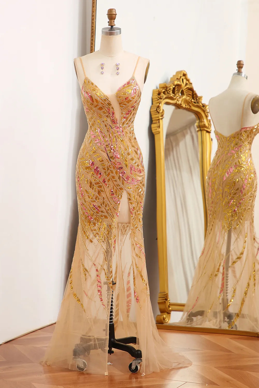 Sparkly Mermaid Spaghetti Straps Golden Sequins Floor Length Backless Prom Dress with Split Front