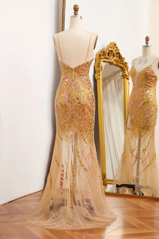 Sparkly Mermaid Spaghetti Straps Golden Sequins Floor Length Backless Prom Dress with Split Front