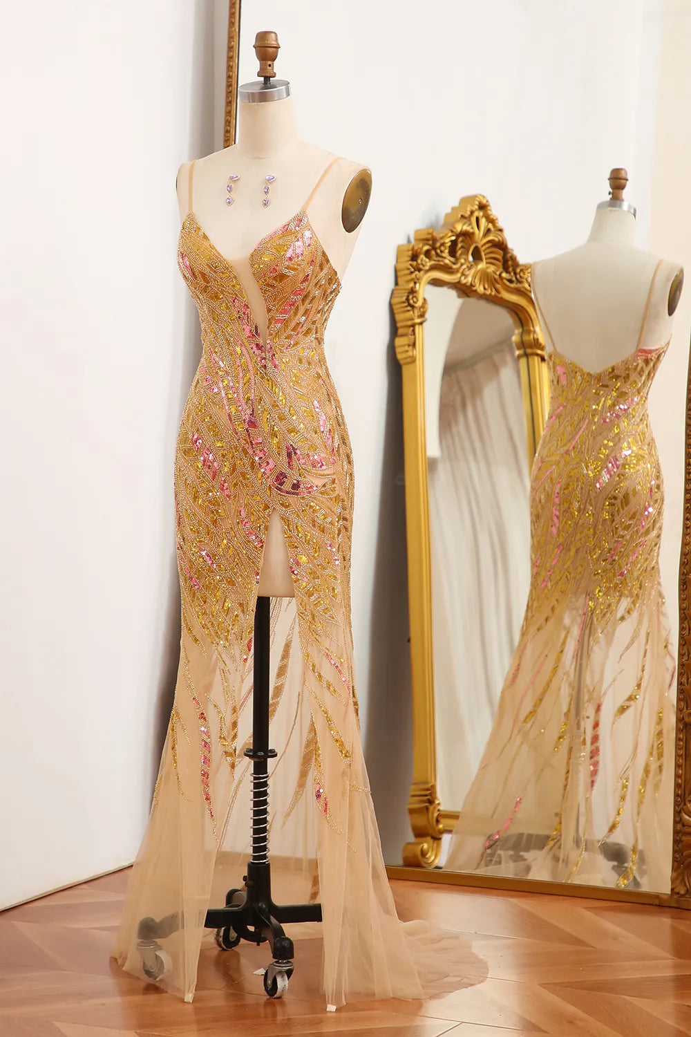 Sparkly Mermaid Spaghetti Straps Golden Sequins Floor Length Backless Prom Dress with Split Front