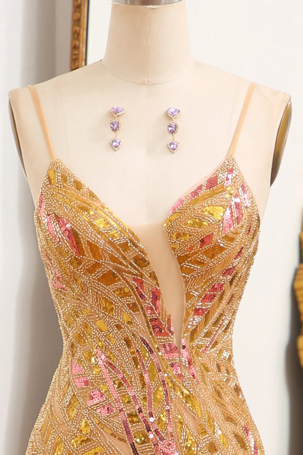 Sparkly Mermaid Spaghetti Straps Golden Sequins Floor Length Backless Prom Dress with Split Front