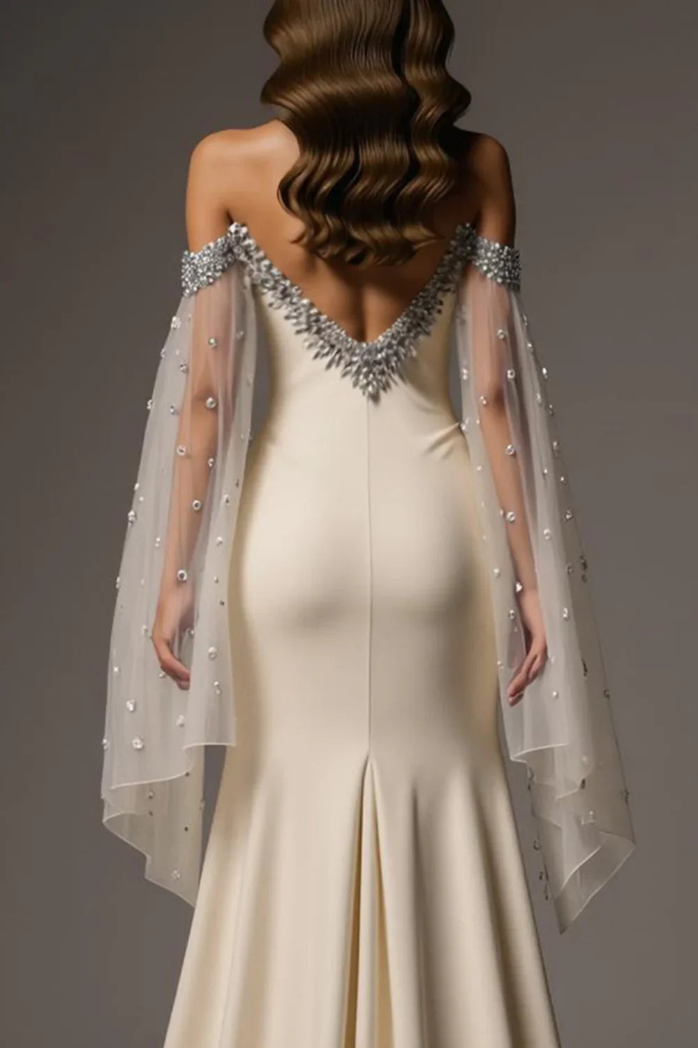 Sparkly Mermaid/Trumpet Off the Shoulder Flutter Sleeve Backless Sweep/Brush Train Prom Dress