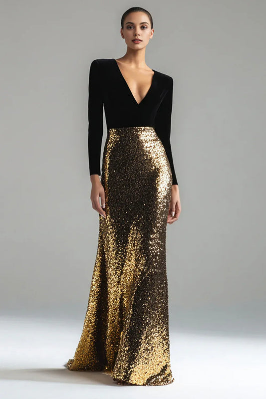 Sparkly Mermaid/Trumpet V-Neck Long Sleeve Velvet Sweep/Brush Train Prom Dress