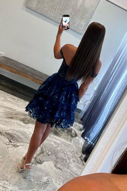 Sparkly Navy A-Line Short Tiered Homecoming Dress With Appliques