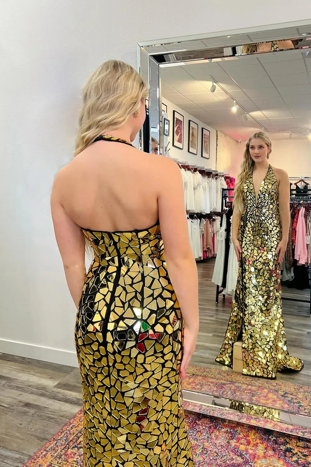 Sparkly Off-the-Shoulder Halter Neck Mermaid Open Back Prom Dress With Slit