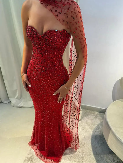 Sparkly Off the Shoulder Sleeveless Mermaid Crystal Tulle Sweep Train Prom Dress