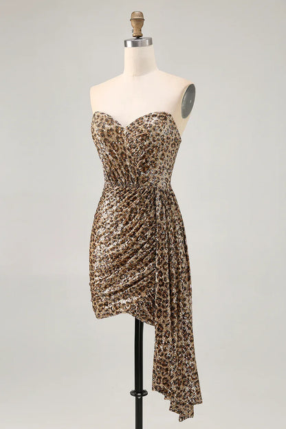 Sparkly Off the Shoulder Tight Sleeveless Leopard Print Short-Mini Homecoming Dress
