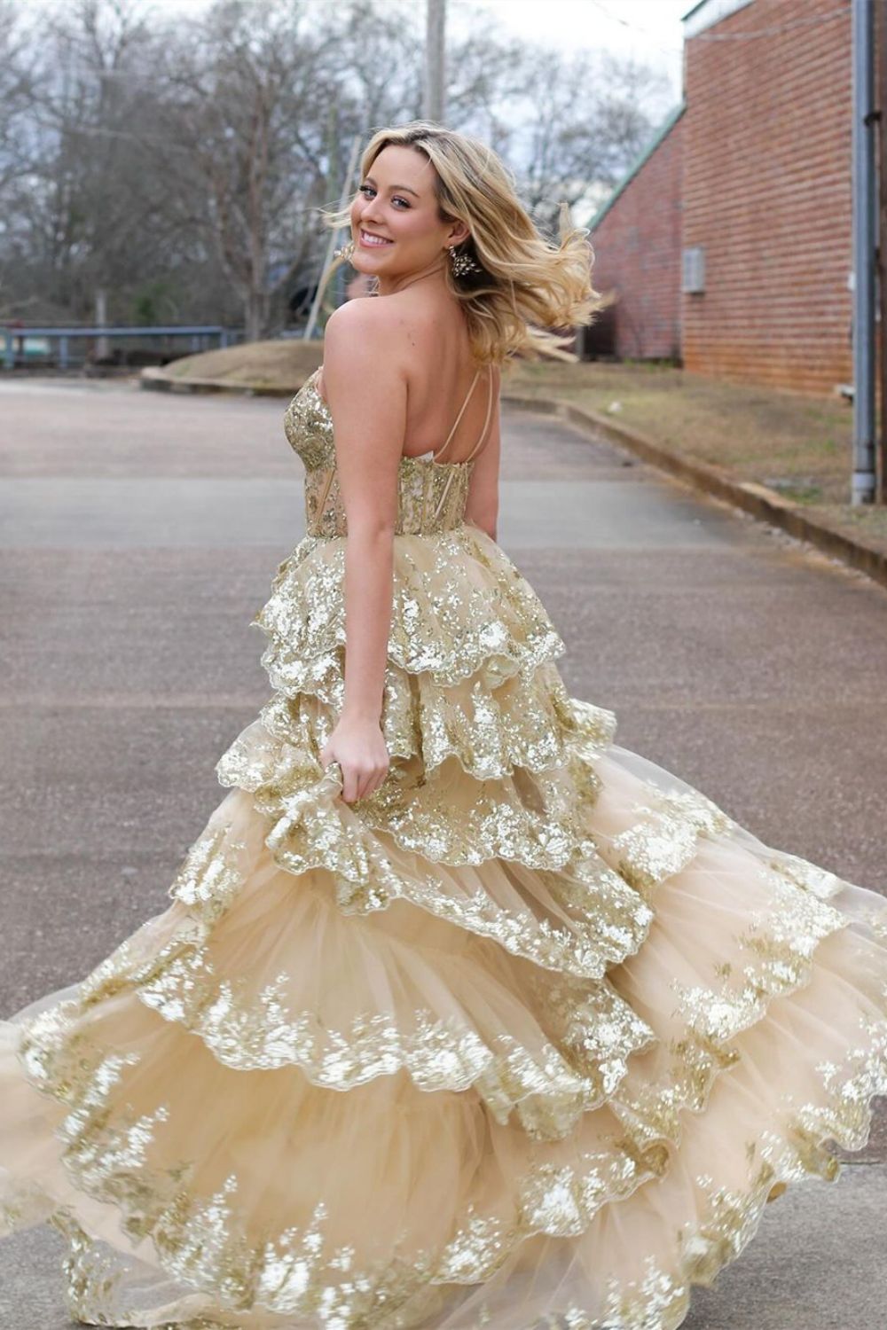 Sparkly Navy One Shoulder A-Line Sweep Train Tiered Prom Dress with Split