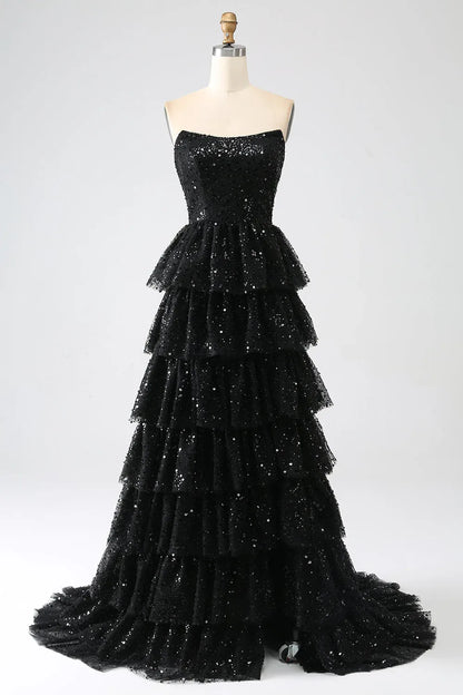 Sparkly Strapless Sleeveless A-Line Sequins Tiered Split Long Prom Dress