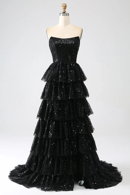 Sparkly Strapless Sleeveless A-Line Sequins Tiered Split Long Prom Dress