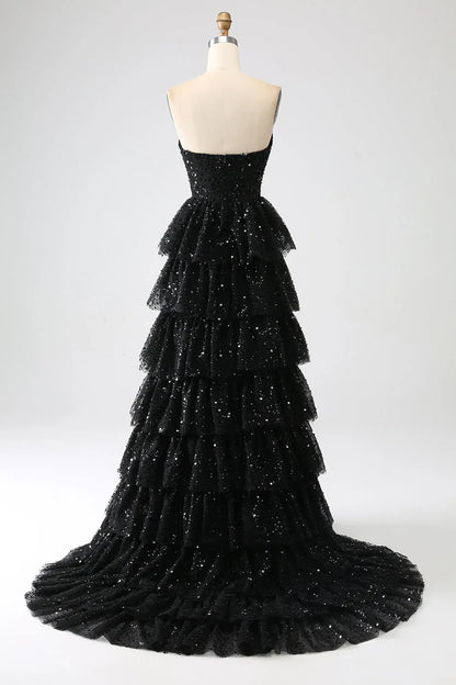 Sparkly Strapless Sleeveless A-Line Sequins Tiered Split Long Prom Dress