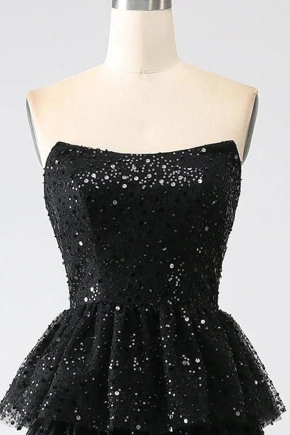Sparkly Strapless Sleeveless A-Line Sequins Tiered Split Long Prom Dress