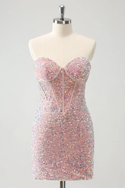 Sparkly Strapless Tight Short Homecoming Dress with Sequins