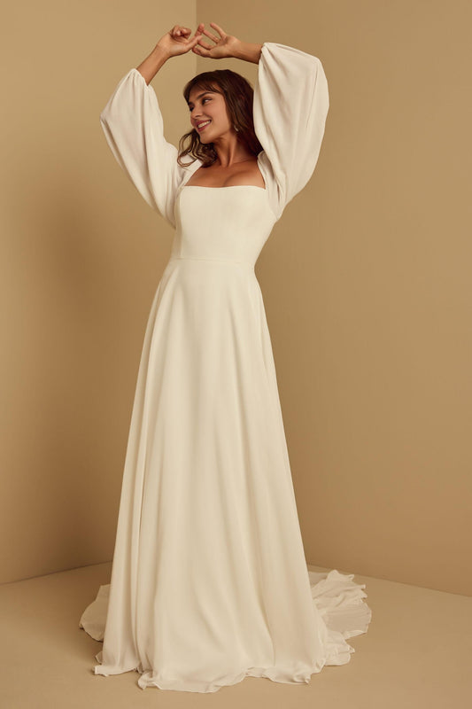 Formal Wear Dresses Long Sleeves Square Neck Chiffon A-line Floor Length Wedding Dress With Train