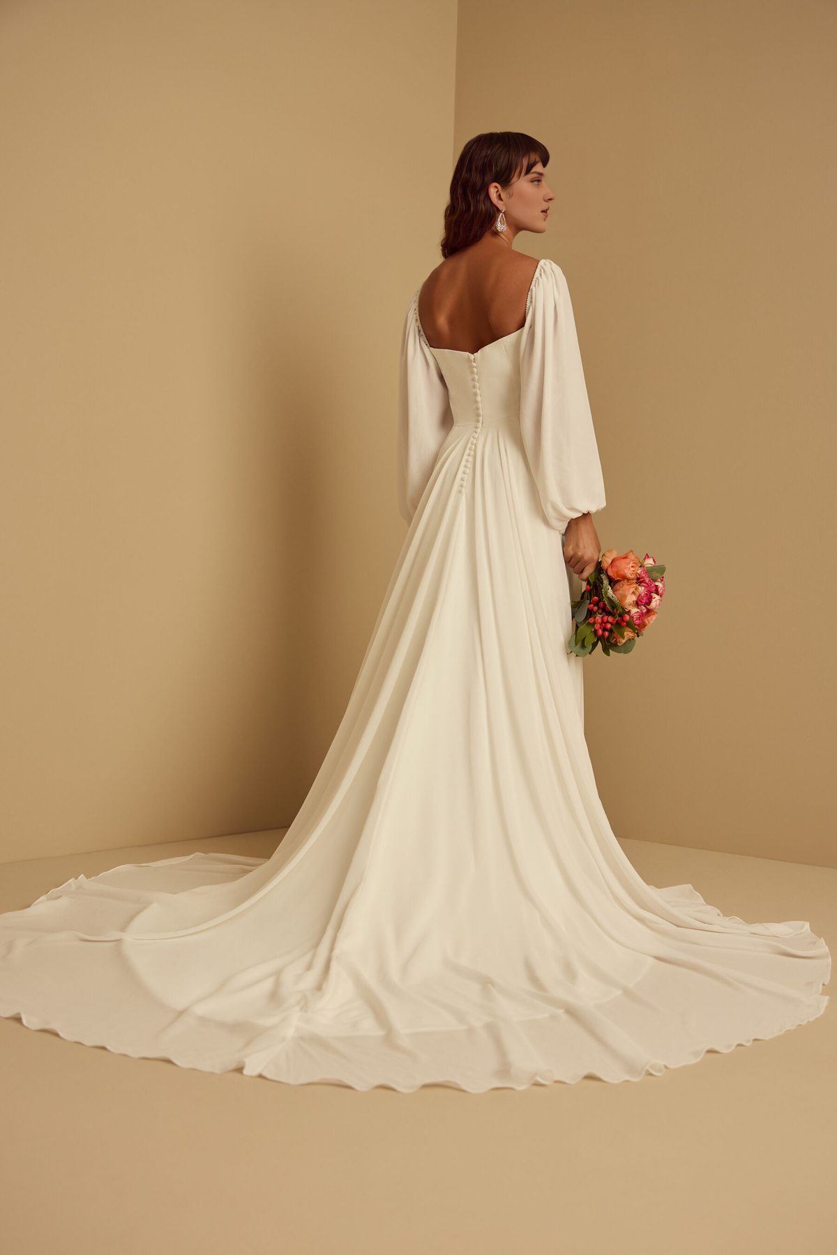 Formal Wear Dresses Long Sleeves Square Neck Chiffon A-line Floor Length Wedding Dress With Train