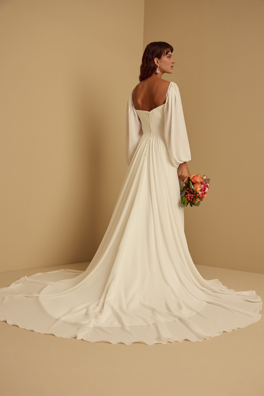 Formal Wear Dresses Long Sleeves Square Neck Chiffon A-line Floor Length Wedding Dress With Train