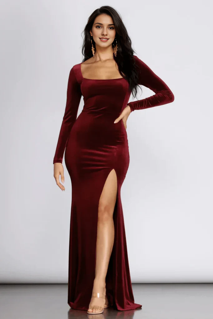 Square Neck Floor Length Mermaid Long Sleeves Evening Dress With Hight Slit