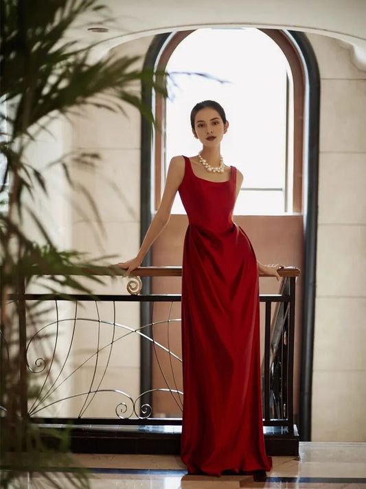 Square Neck Sleeveless Simple A line Straps Red Satin Long Prom Dresses