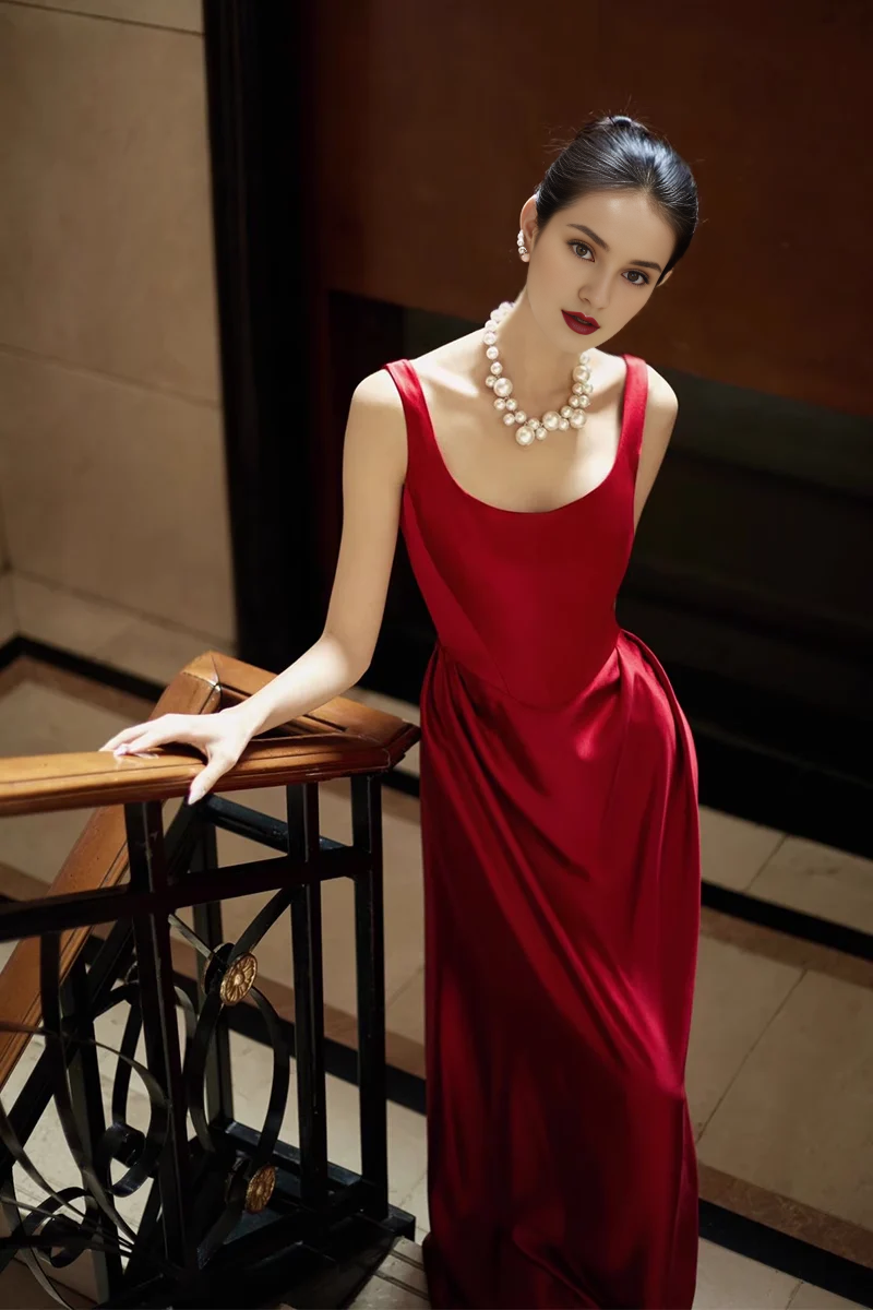 Square Neck Sleeveless Simple A line Straps Red Satin Long Prom Dresses