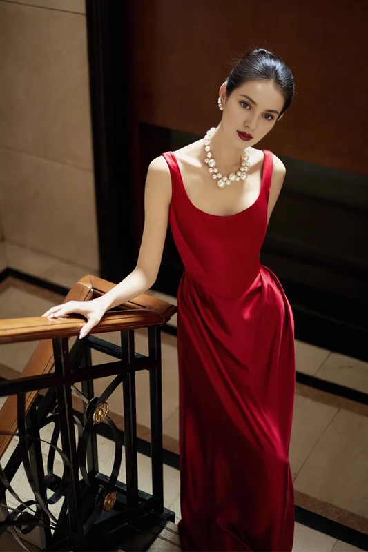 Square Neck Sleeveless Simple A line Straps Red Satin Long Prom Dresses