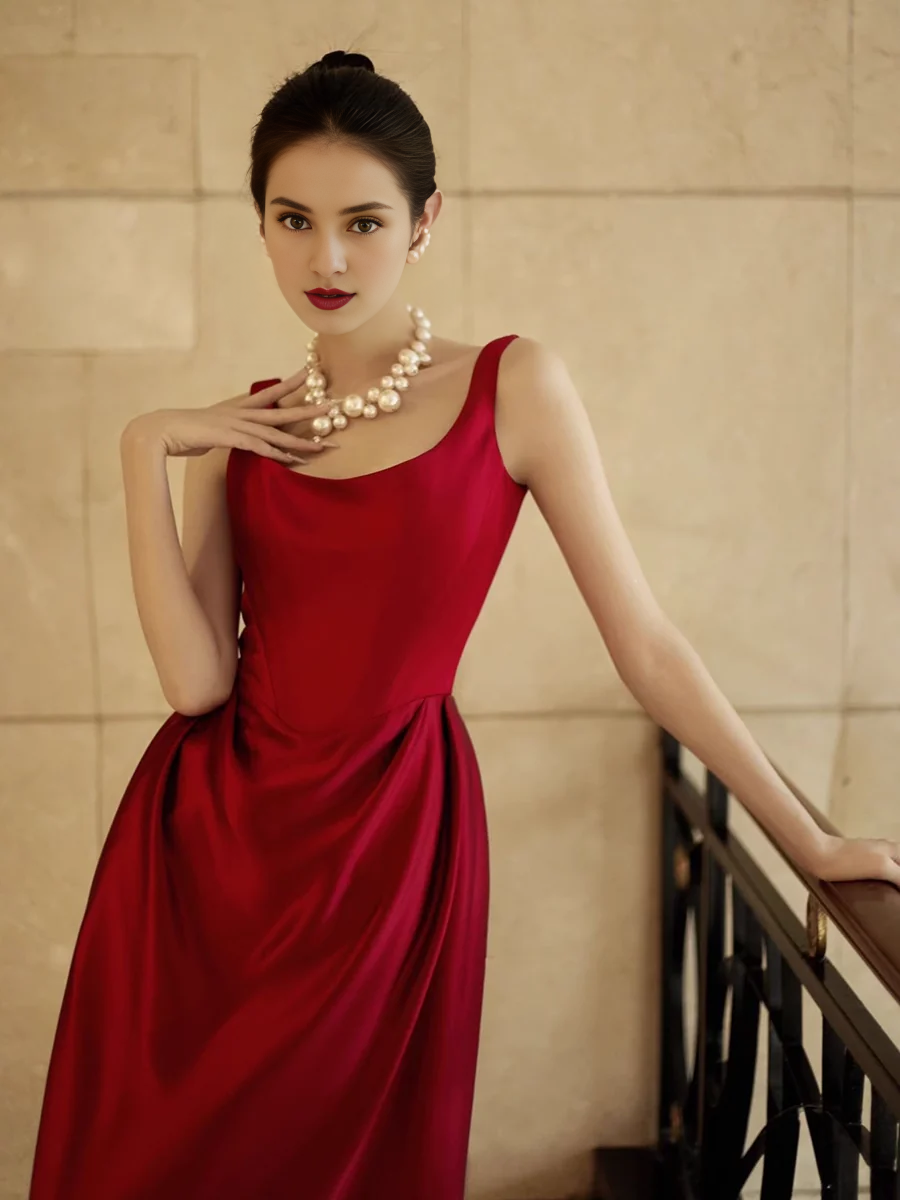 Square Neck Sleeveless Simple A line Straps Red Satin Long Prom Dresses