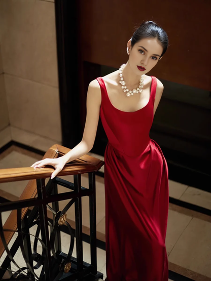 Square Neck Sleeveless Simple A line Straps Red Satin Long Prom Dresses